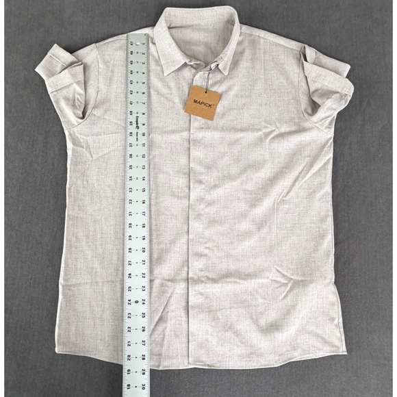 Linen Blend Button Down Short Sleeve Shirt Men L Beige Natural Minimalist Summer - Picture 6 of 7